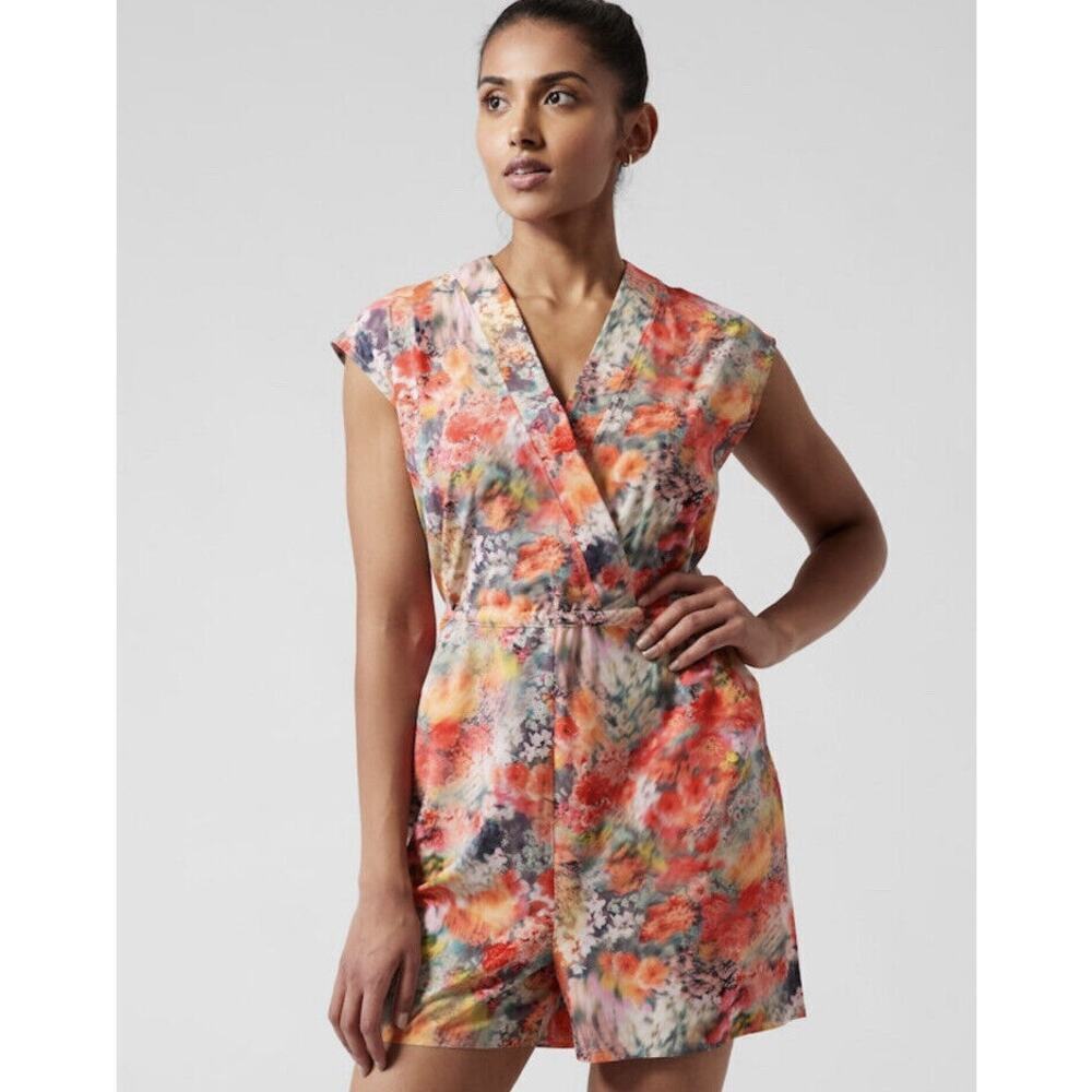 Athleta Marlow Romper Floral Waist Tie Pockets Athleisure Resort Size Small